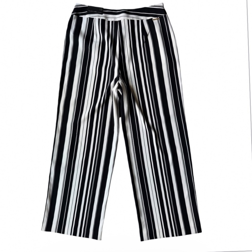 Chico's Black Label Stripe Trouser Women 1.5 Black White Wide Leg High Rise NWT